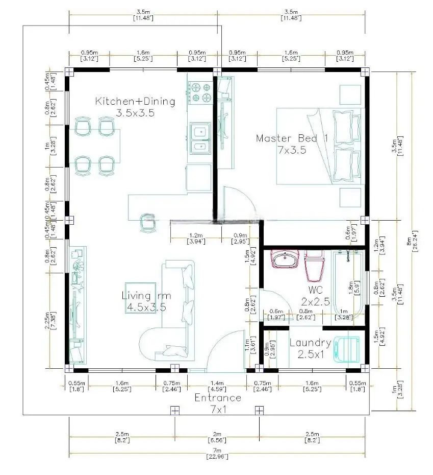 denah rumah 7x7 1 Kamar Laundry