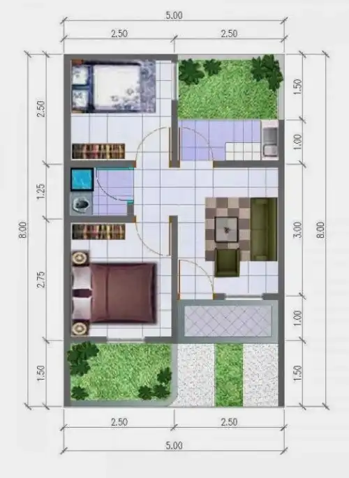 Denah Rumah Ukuran 5x7 dengan Taman