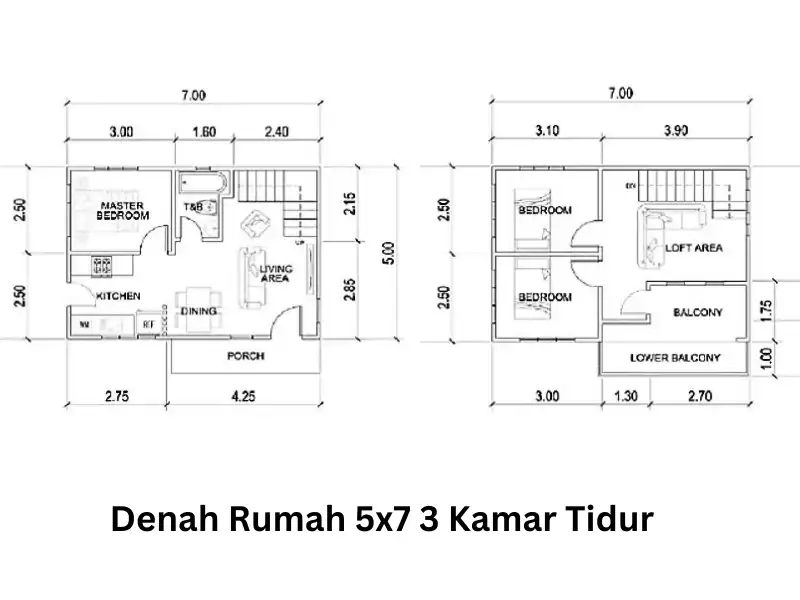 Denah Rumah 5x7 3 Kamar Tidur