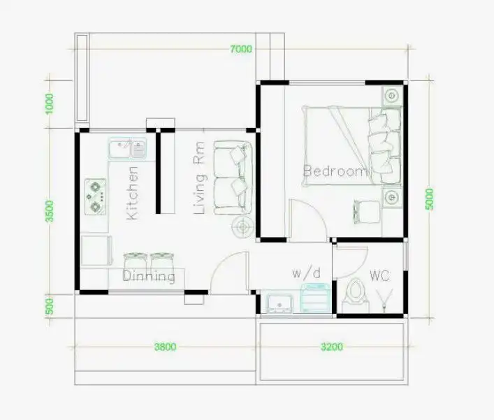 denah rumah 5x7 meter 1 kamar tidur