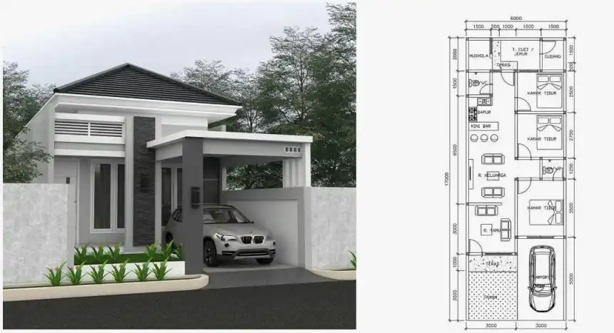 Denah Rumah 6x12 Lengkap dengan Tampak