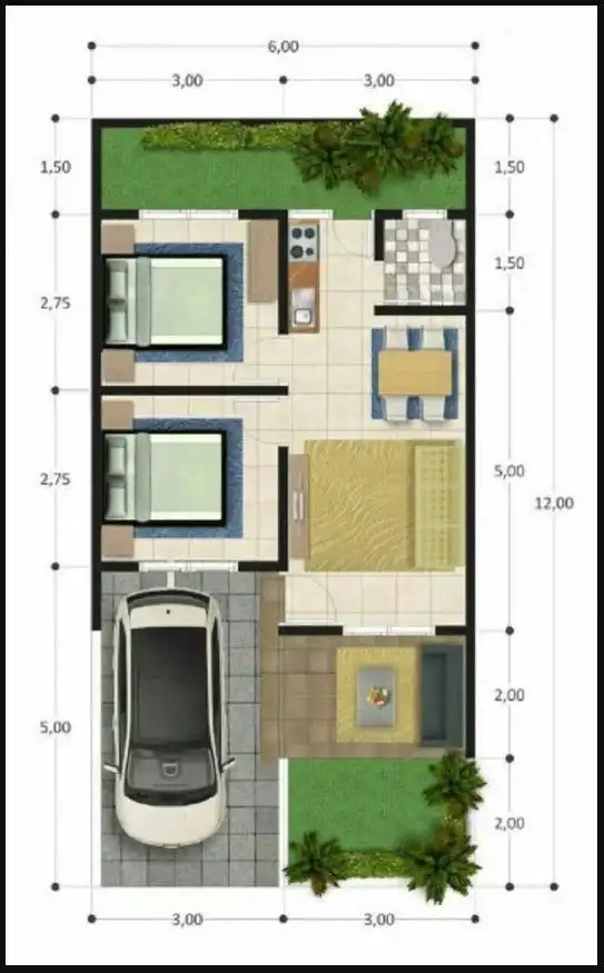 Denah rumah 6 x 12 memanjang 2 kamar tidur dengan garasi