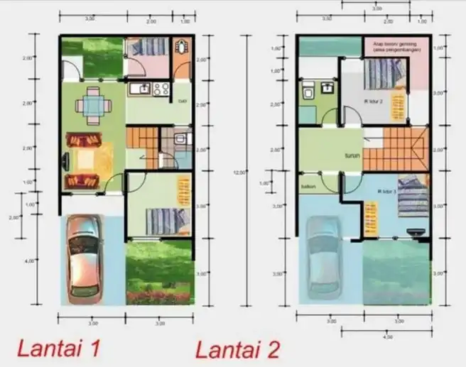 Denah rumah 2 lantai 6x12 4 kamar