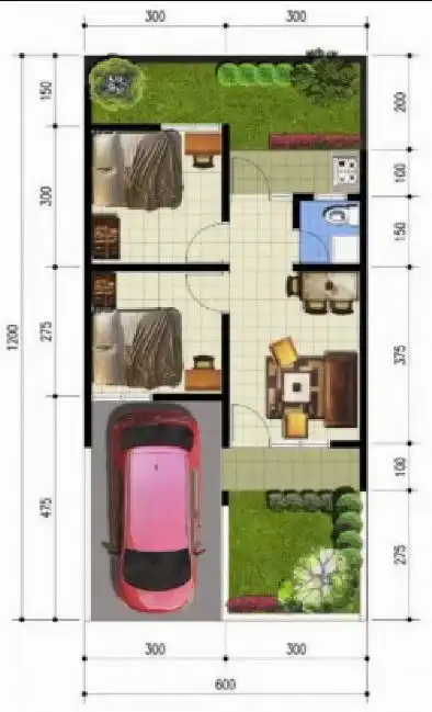 Denah rumah 6x12 2 kamar tidur 1 lantai