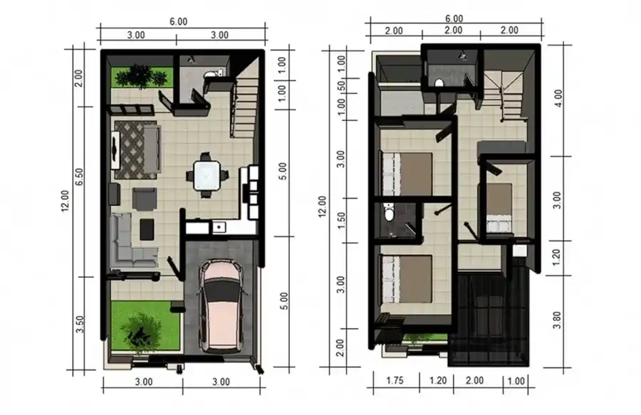 Denah rumah 2 lantai 6x12