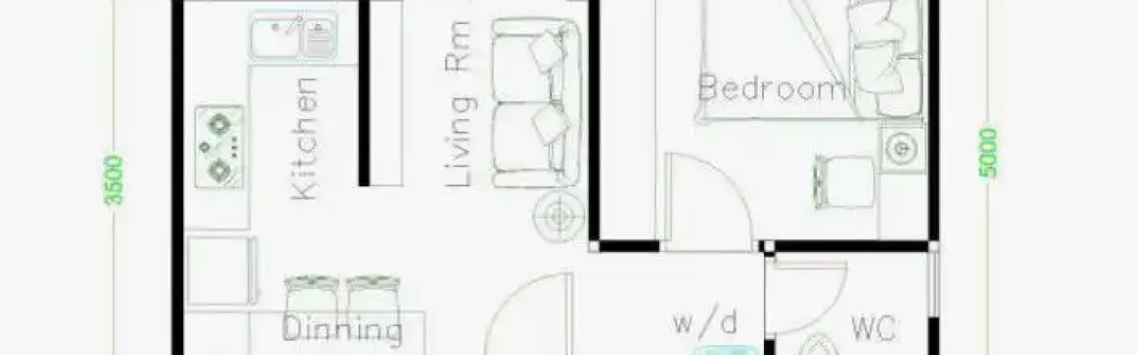 denah rumah 5x7 meter 1 kamar tidur